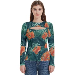 Green Tropical Leaves Women s Cut Out Long Sleeve T-shirt