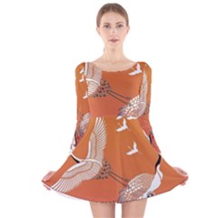 Japanese Crane Painting Of Birds Long Sleeve Velvet Skater Dress