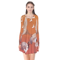 Japanese Crane Painting Of Birds Long Sleeve V-neck Flare Dress