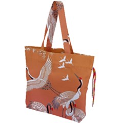 Japanese Crane Painting Of Birds Drawstring Tote Bag by Cendanart