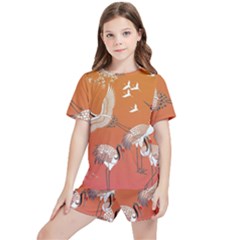 Japanese Crane Painting Of Birds Kids  T-shirt And Sports Shorts Set by Cendanart
