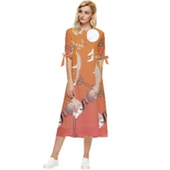 Japanese Crane Painting Of Birds Bow Sleeve Chiffon Midi Dress