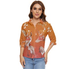 Japanese Crane Painting Of Birds Women s Quarter Sleeve Pocket Shirt