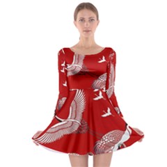 Japanese Crane Bird Art Long Sleeve Skater Dress by Cendanart