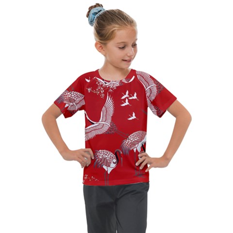 Japanese Crane Bird Art Kids  Mesh Piece T-shirt by Cendanart