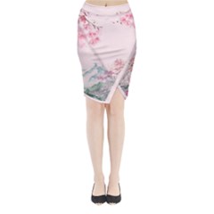 Pink Chinese Style Cherry Blossom Midi Wrap Pencil Skirt