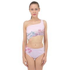 Pink Chinese Style Cherry Blossom Spliced Up Two Piece Swimsuit by Cendanart