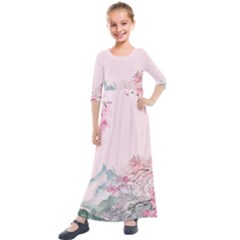 Pink Chinese Style Cherry Blossom Kids  Quarter Sleeve Maxi Dress by Cendanart