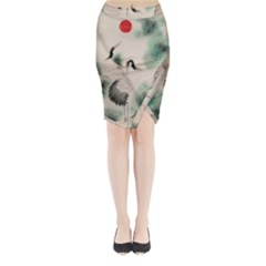 Japanese Crane Painting Of Bird Midi Wrap Pencil Skirt