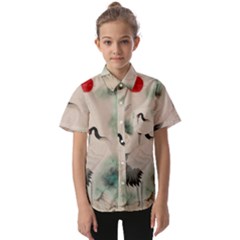 Japanese Crane Painting Of Bird Kids  Short Sleeve Shirt