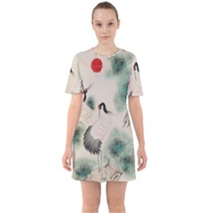 Japanese Crane Painting Of Bird Sixties Short Sleeve Mini Dress by Cendanart