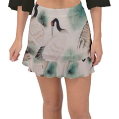Japanese Crane Painting Of Bird Fishtail Mini Chiffon Skirt