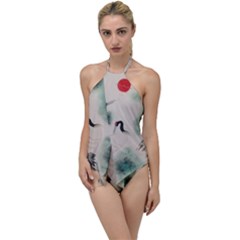 Japanese Crane Painting Of Bird Go With The Flow One Piece Swimsuit by Cendanart