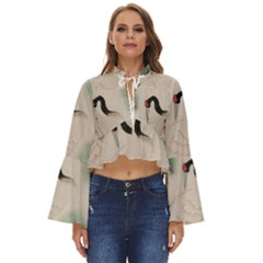 Japanese Crane Painting Of Bird Boho Long Bell Sleeve Top