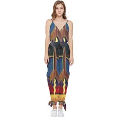 Rocket Painting Sleeveless Tie Ankle Chiffon Jumpsuit by Cendanart