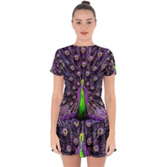 Peacock Bird Color Drop Hem Mini Chiffon Dress by Cendanart