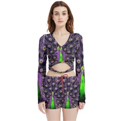 Peacock Bird Color Velvet Wrap Crop Top And Shorts Set by Cendanart