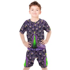 Peacock Bird Color Kids  T-shirt And Shorts Set by Cendanart