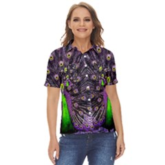 Peacock Bird Color Women s Short Sleeve Double Pocket Shirt