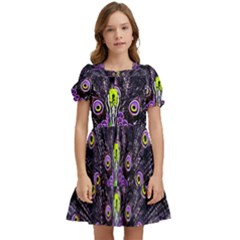 Peacock Bird Color Kids  Puff Sleeved Dress