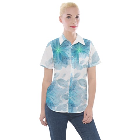 Blue-flower Women s Short Sleeve Pocket Shirt by saad11