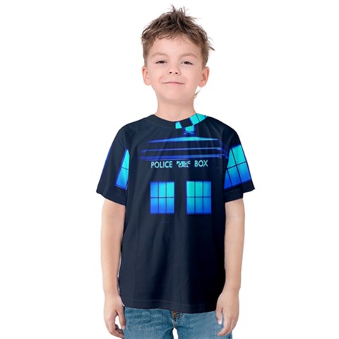 Blue Tardis Doctor Who Police Call Box Kids  Cotton T-shirt by Cendanart