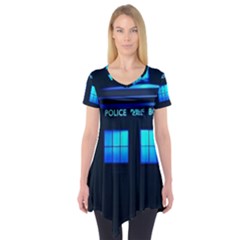 Blue Tardis Doctor Who Police Call Box Short Sleeve Tunic  by Cendanart