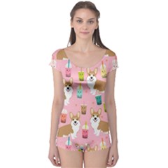 Corgi Bubble Boba Tea Pink Pattern Boyleg Leotard  by Cendanart