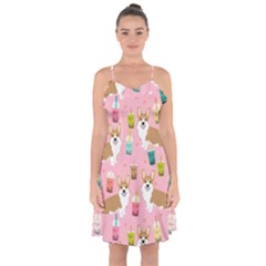 Corgi Bubble Boba Tea Pink Pattern Ruffle Detail Chiffon Dress by Cendanart