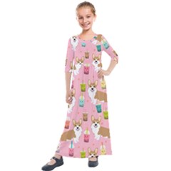 Corgi Bubble Boba Tea Pink Pattern Kids  Quarter Sleeve Maxi Dress by Cendanart