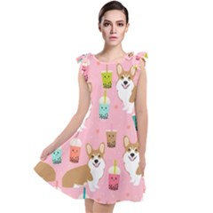 Corgi Bubble Boba Tea Pink Pattern Tie Up Tunic Dress by Cendanart