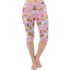 Corgi Bubble Boba Tea Pink Pattern Lightweight Velour Cropped Yoga Leggings by Cendanart