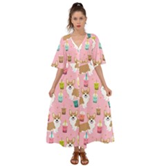 Corgi Bubble Boba Tea Pink Pattern Kimono Sleeve Boho Dress by Cendanart