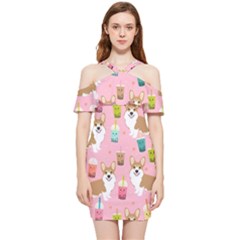 Corgi Bubble Boba Tea Pink Pattern Shoulder Frill Bodycon Summer Dress by Cendanart