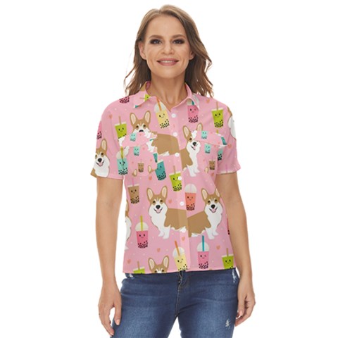 Corgi Bubble Boba Tea Pink Pattern Women s Short Sleeve Double Pocket Shirt by Cendanart