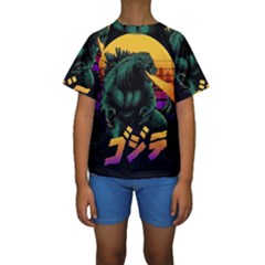Godzilla Retrowave Kids  Short Sleeve Swimwear