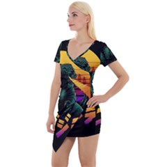 Godzilla Retrowave Short Sleeve Asymmetric Mini Dress