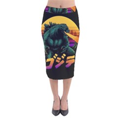 Godzilla Retrowave Velvet Midi Pencil Skirt