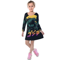 Godzilla Retrowave Kids  Long Sleeve Velvet Dress