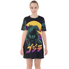 Godzilla Retrowave Sixties Short Sleeve Mini Dress