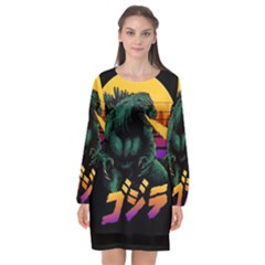 Godzilla Retrowave Long Sleeve Chiffon Shift Dress 