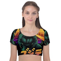 Godzilla Retrowave Velvet Short Sleeve Crop Top  by Cendanart