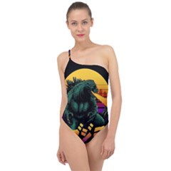 Godzilla Retrowave Classic One Shoulder Swimsuit