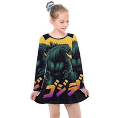 Godzilla Retrowave Kids  Long Sleeve Dress