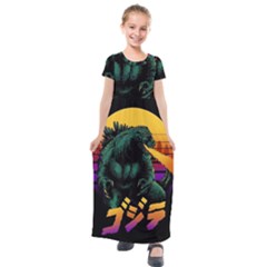 Godzilla Retrowave Kids  Short Sleeve Maxi Dress