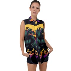 Godzilla Retrowave Sleeveless Chiffon Button Shirt