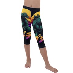 Godzilla Retrowave Kids  Lightweight Velour Capri Leggings 