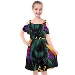 Godzilla Retrowave Kids  Cut Out Shoulders Chiffon Dress