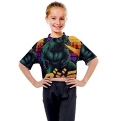 Godzilla Retrowave Kids Mock Neck T-Shirt