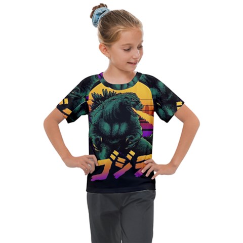 Godzilla Retrowave Kids  Mesh Piece T-shirt by Cendanart